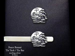 Peace Bonsai Tie Tack or Tie Bar / Tie Clip Sterling Silver with Japanese Kanji and Rising Sun