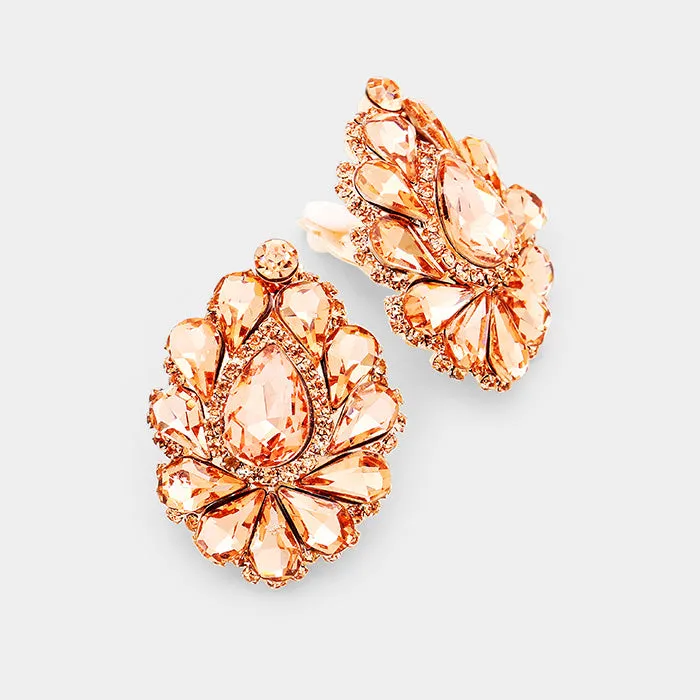 Peach Crystal Cluster Teardrop Clip on Earrings | 391152