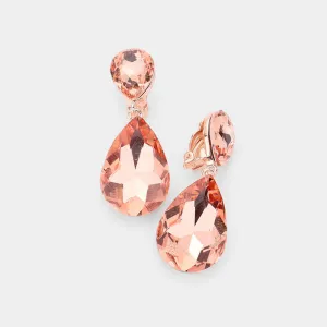 Peach Crystal Double Teardrop Clip on Dangle Earrings  | Pageant Earrings | 535171