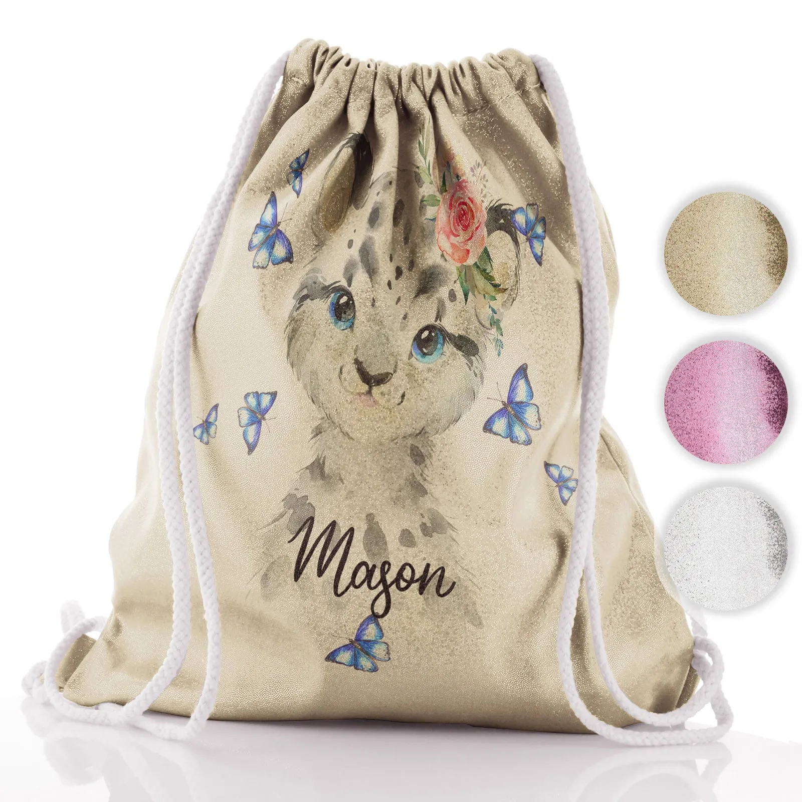 Personalised Glitter Drawstring Backpack with Snow Leopard Blue Butterflies and Cute Text