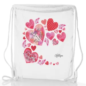 Personalised Glitter Drawstring Backpack with Stylish Text and Material Hearts Love Message Print