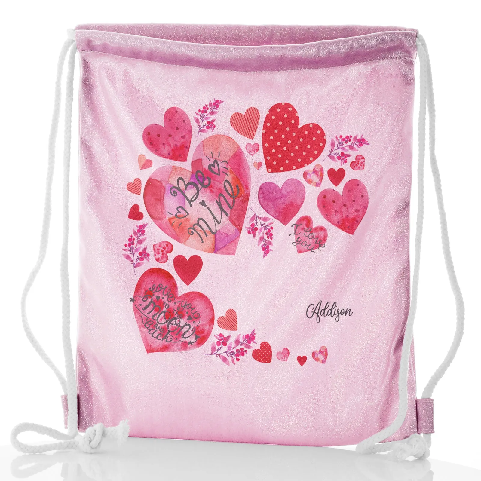 Personalised Glitter Drawstring Backpack with Stylish Text and Material Hearts Love Message Print