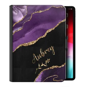 Personalised Leather iPad Case - Black and Purple Marble with Name