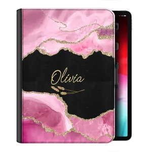 Personalised Leather iPad Case - Rose Pink and Black Marble with Name