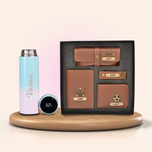 Personalised Pastel Temperature Display Bottle & All in One Men's Combo (4 pcs) - Tan