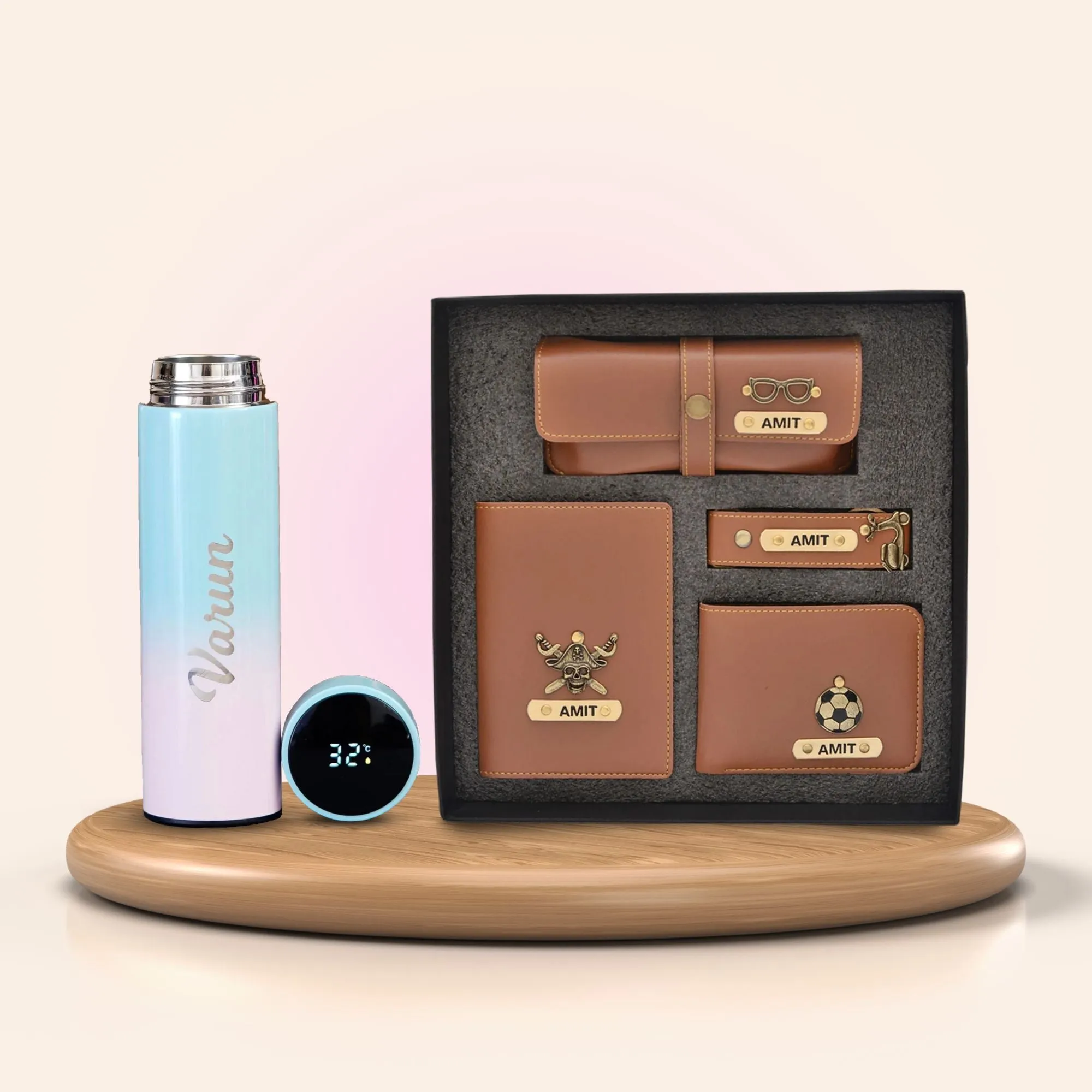 Personalised Pastel Temperature Display Bottle & All in One Men's Combo (4 pcs) - Tan