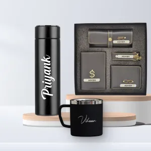 Personalised Stainless Steel Mug, Temperature Bottle & All in One Men's Combo (4 pcs) - Grey