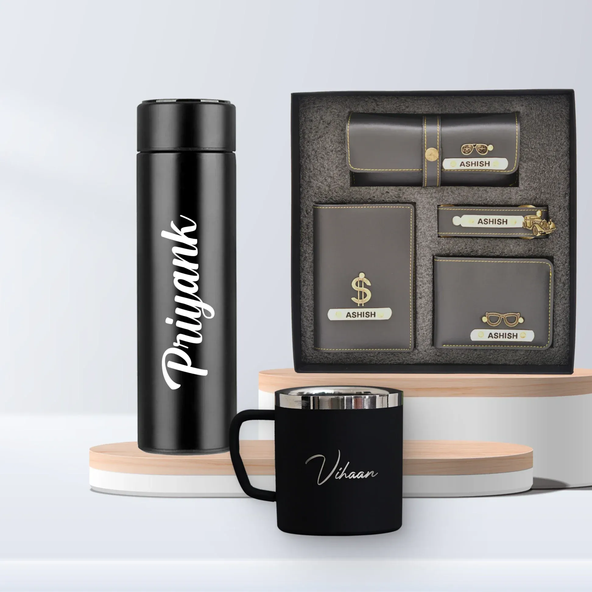 Personalised Stainless Steel Mug, Temperature Bottle & All in One Men's Combo (4 pcs) - Grey