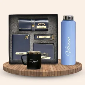 Personalised Voilet Classic Smart Bottle (1 Litre), Stainless Steel Mug & All in One Men's Combo (4 pcs) - Royal Blue