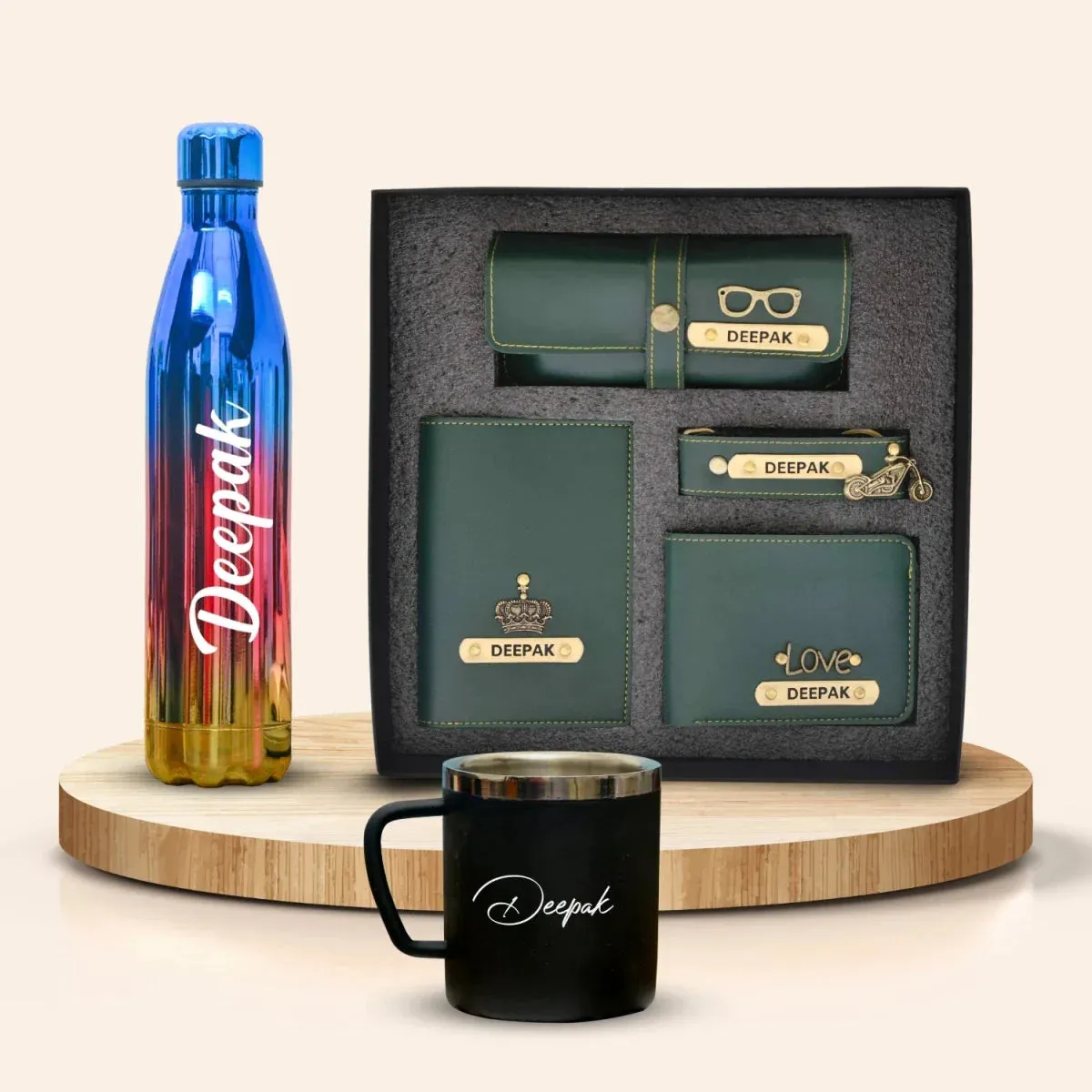 Personalized All in One Men's Combo (4 pcs) & Customized Rainbow Stainless Steel Water Bottles & Stainless Steel Mug - Olive Green
