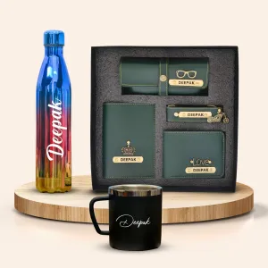 Personalized All in One Men's Combo (4 pcs) & Customized Rainbow Stainless Steel Water Bottles & Stainless Steel Mug - Olive Green