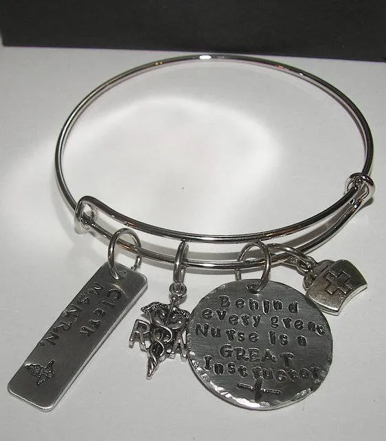 personalized Behind every nurse is a great instructor bangle bracelet, hand stamped jewelry,  RN nurse gift, personalized  jewelry