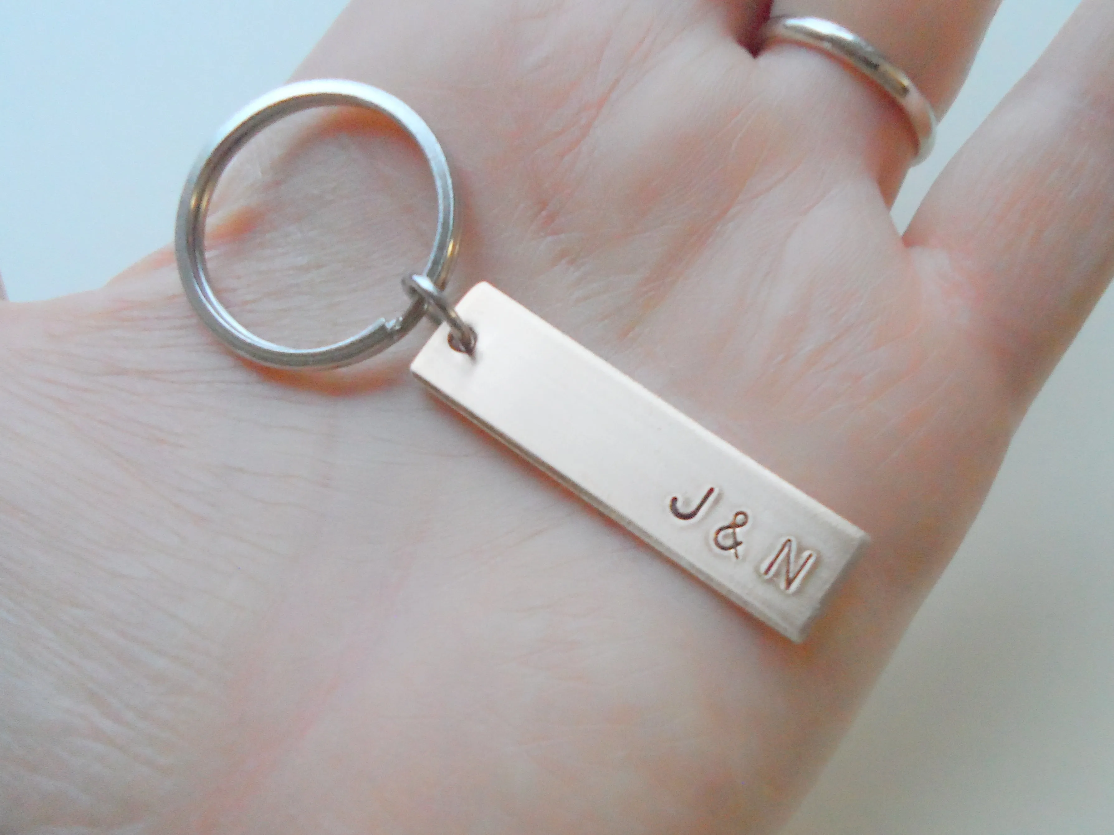 Personalized Bronze Tag Keychain Hand Stamped with Initials and Date; Handmade 8 Year Anniversary Couples Keychain