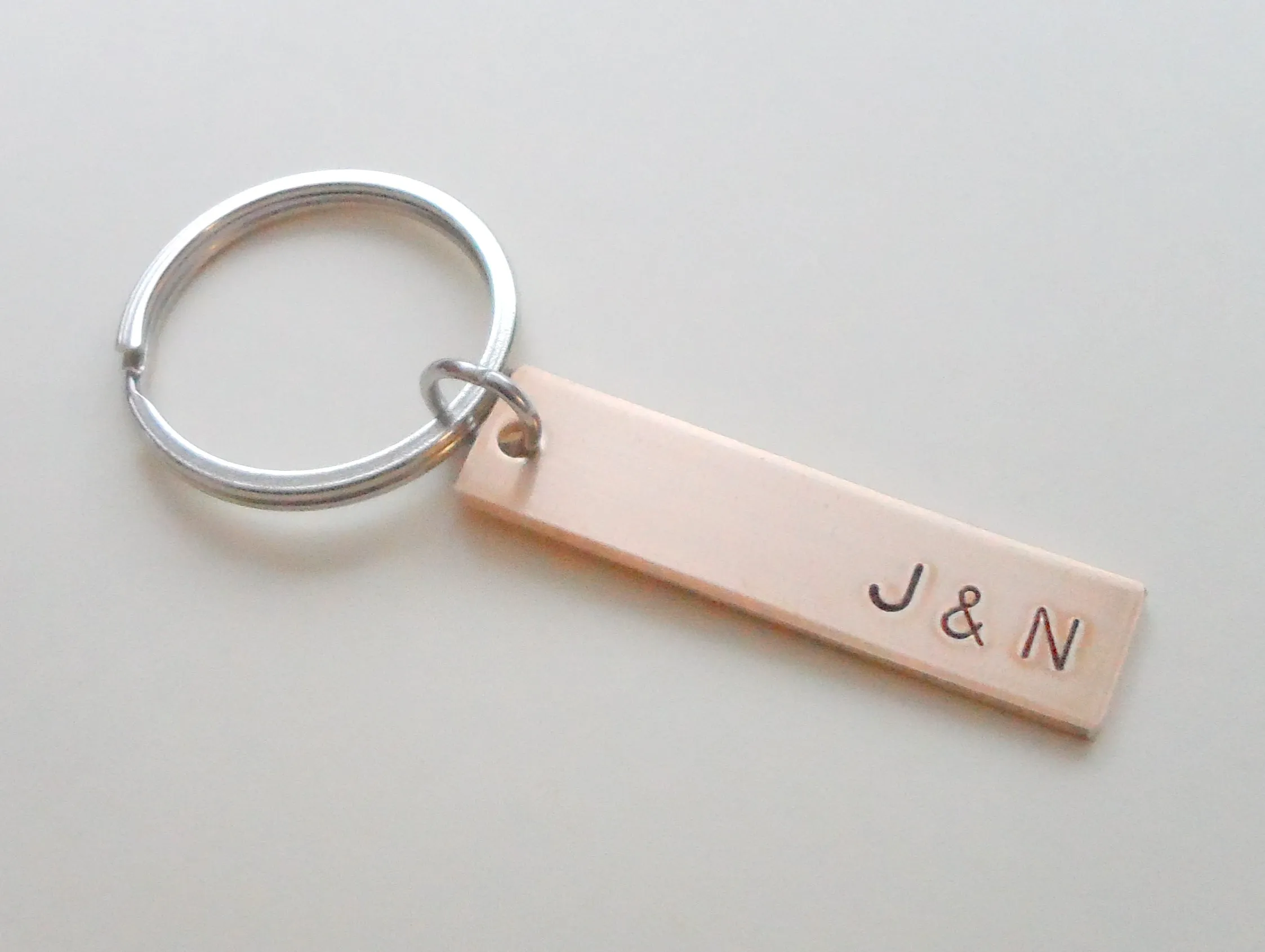 Personalized Bronze Tag Keychain Hand Stamped with Initials and Date; Handmade 8 Year Anniversary Couples Keychain