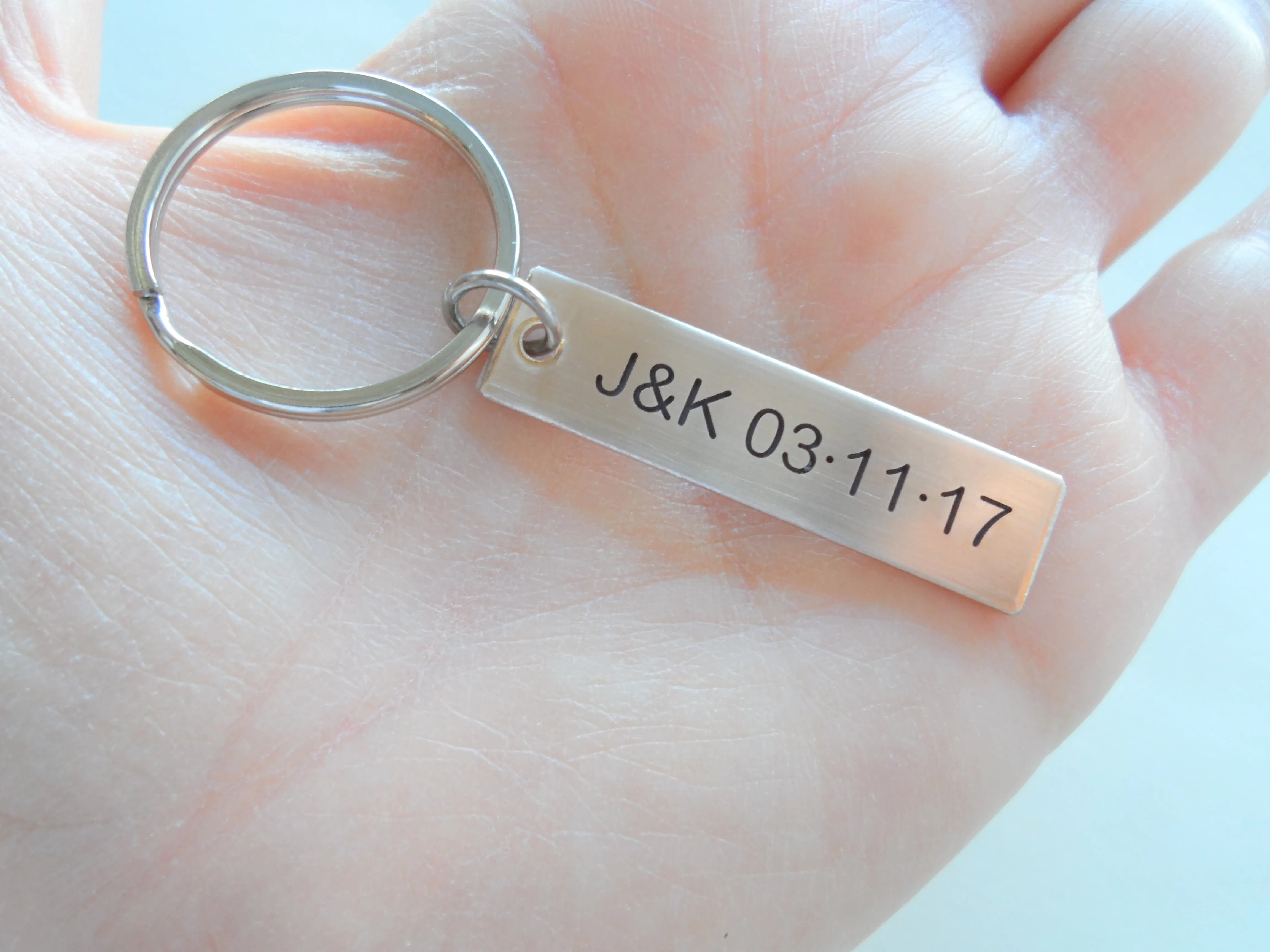 Personalized Bronze Tag Keychain Hand Stamped with Initials and Date; Handmade 8 Year Anniversary Couples Keychain