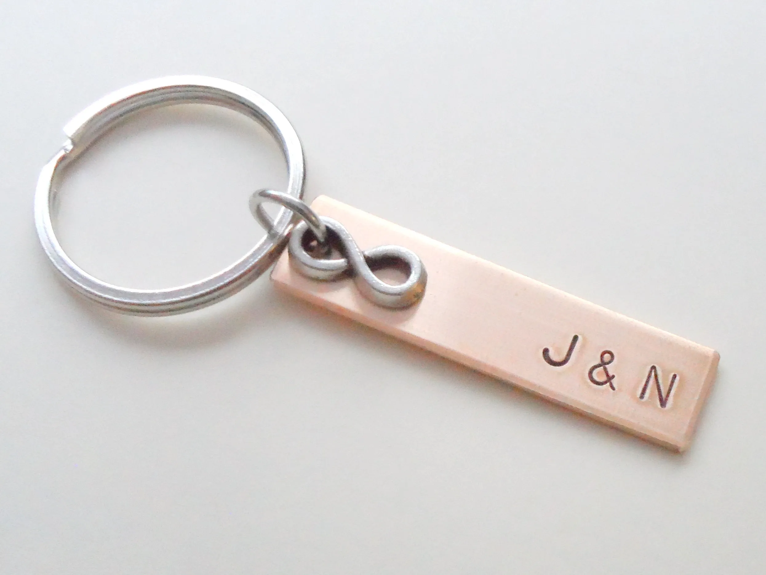 Personalized Bronze Tag Keychain Hand Stamped with Initials and Date; Handmade 8 Year Anniversary Couples Keychain