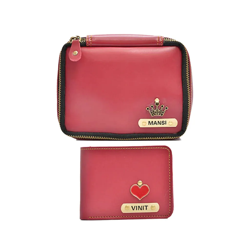 Personalized Couple's Combo : Mini Makeup Kit & Men's Wallet- Wine