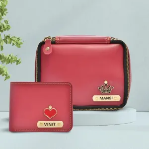 Personalized Couple's Combo : Mini Makeup Kit & Men's Wallet- Wine