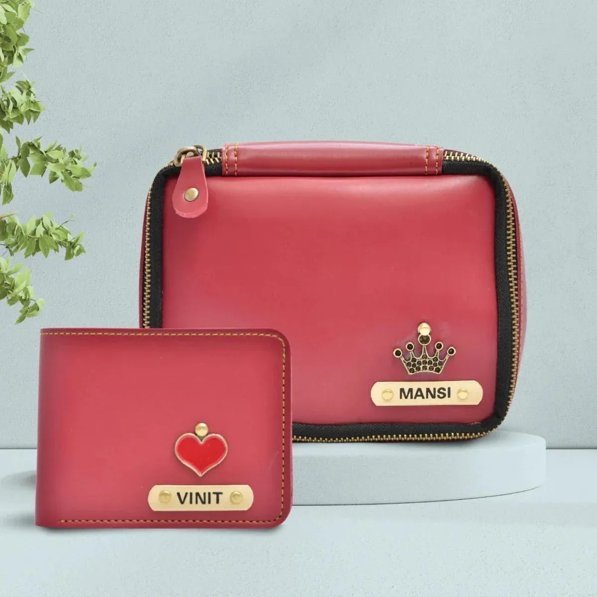 Personalized Couple's Combo : Mini Makeup Kit & Men's Wallet- Wine
