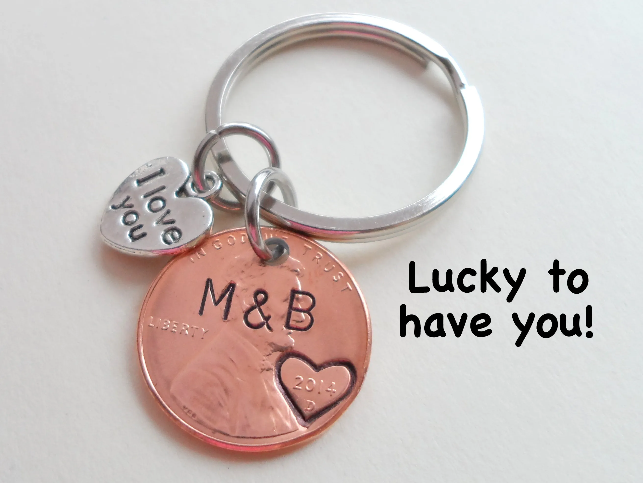 Personalized Penny Keychain Stamped with Heart Around the Year and Initials, Includes I Love You Heart Charm