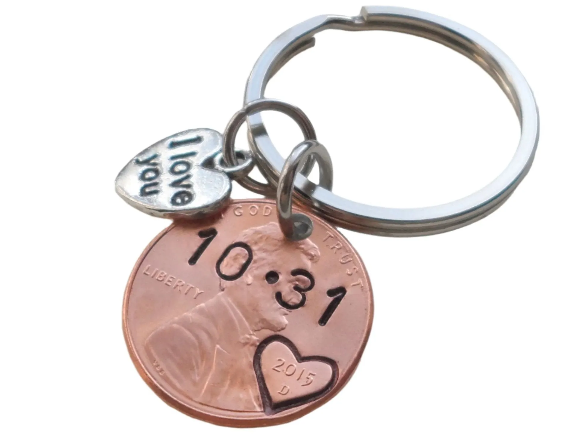 Personalized Penny Keychain Stamped with Heart Around the Year and Initials, Includes I Love You Heart Charm