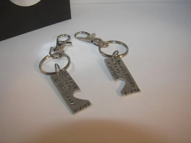 Personalized Split Heart Couples Keychain Set, Hand Stamped bride and groom Keychains , custom personalized hand stamped keychain