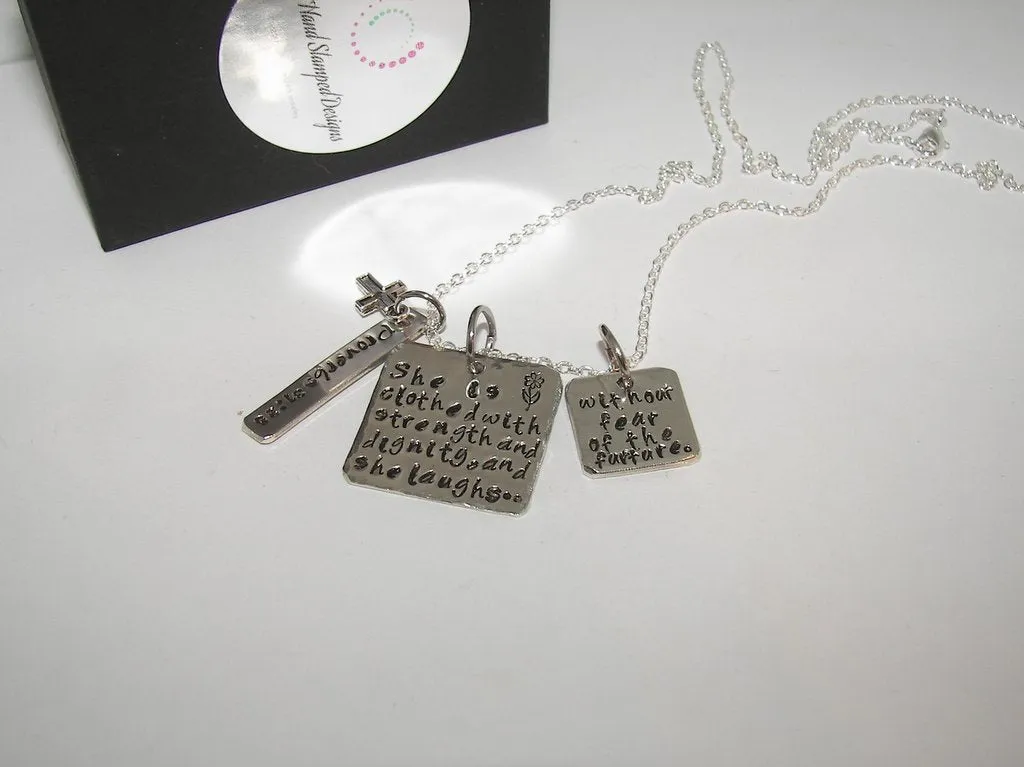 personalized sterling silver Proverbs 31:25, She is clothed with strength, Hand stamped jewelry, religious necklace, personalized jewelry