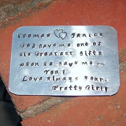 Personalized wallet insert,  Wallet card for dad, grooms message card for wallet, custom hand stamped gift for him handstamped jewelry
