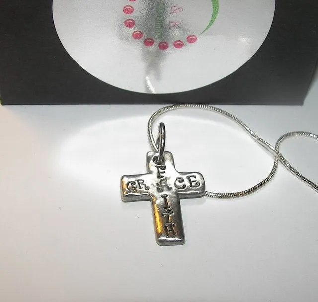 pewter cross charm, hand stamped jewelry, faith, grace, stamped pewter , personalized jewelry, mommy necklace, hand stamped, custom stamped