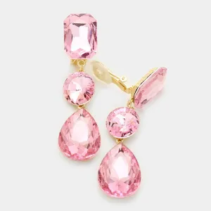 Pink Crystal Triple Drop Geometric Shape Clip On Pageant Earrings | Prom Earrings | 338625