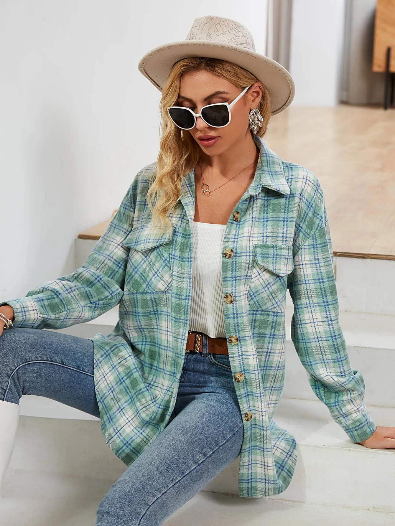 Plaid Button Front Dropped Shoulder Shirt Jacket-Online Exclusive