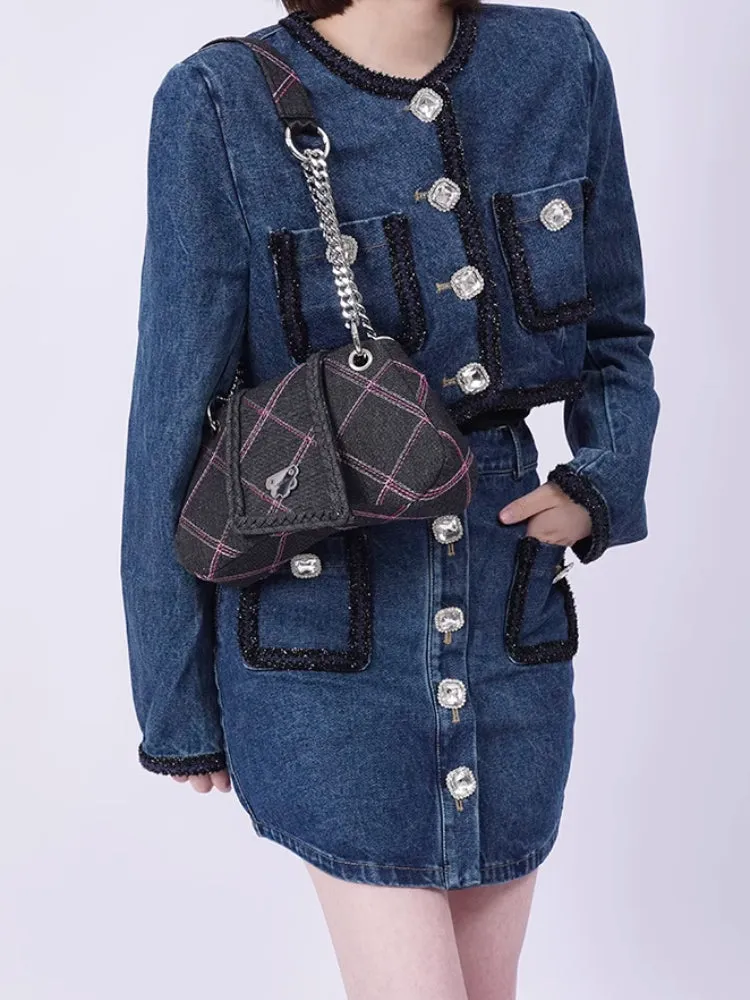 plaid denim shoulder crossbody women's bag