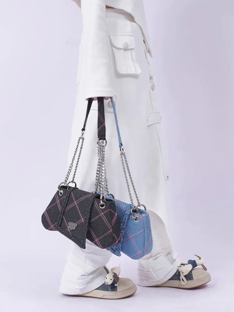 plaid denim shoulder crossbody women's bag