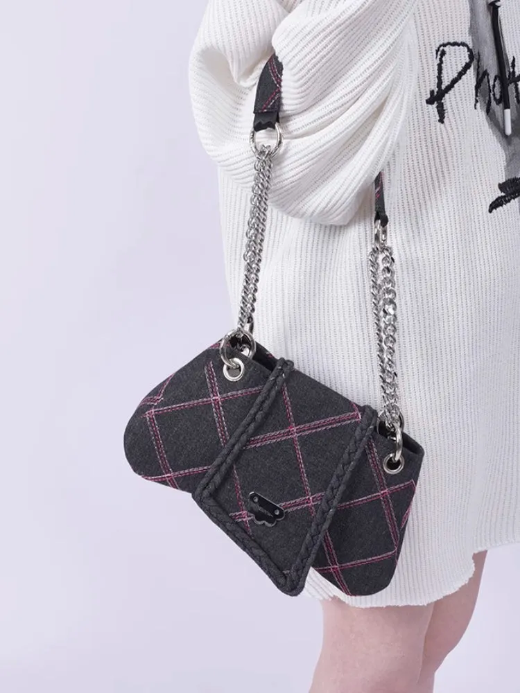 plaid denim shoulder crossbody women's bag