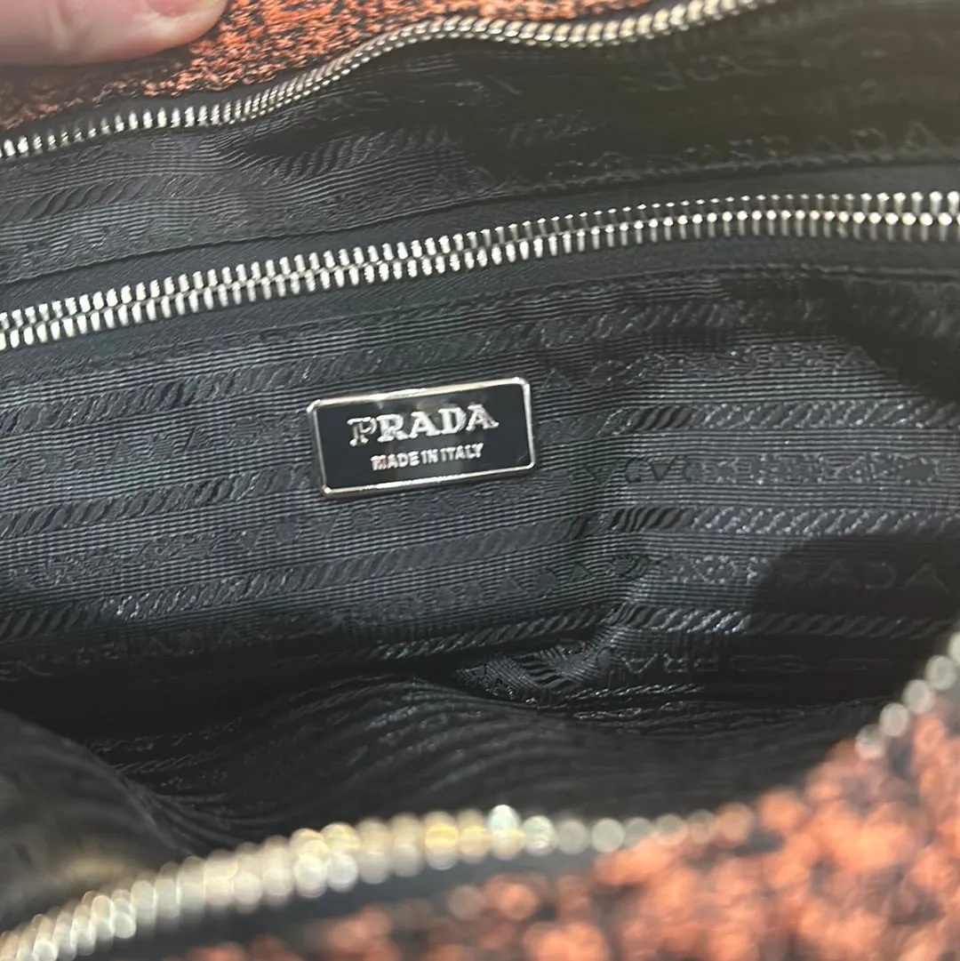 Prada Orange and Black Top Zip Fabric Clutch