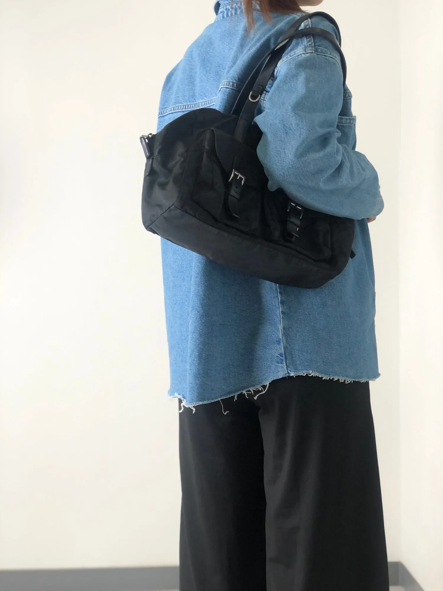 PRADA Triangle Logo Double Pocket Nylon Handbag Black Vintage u76z43