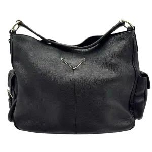 PRADA Vitello Daino Textured Leather Shoulder Bag - Black