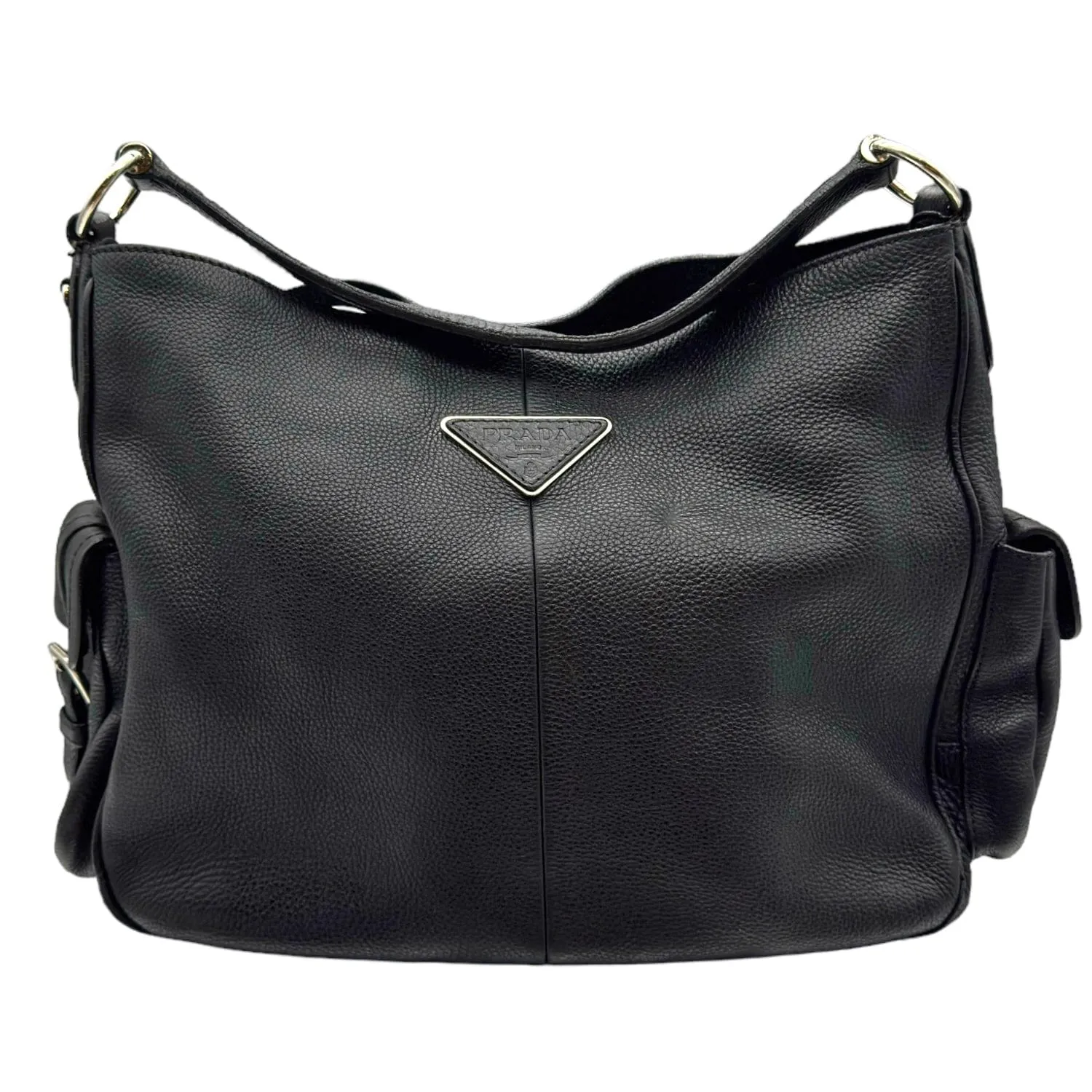 PRADA Vitello Daino Textured Leather Shoulder Bag - Black