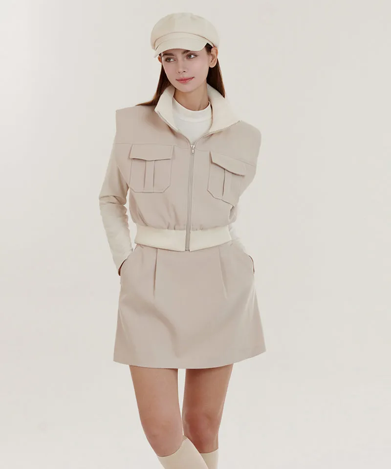 Q.C PLAY: Pintuck Pocket Shirring Zip-Up Vest - Beige