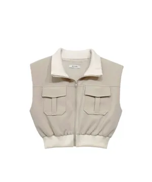 Q.C PLAY: Pintuck Pocket Shirring Zip-Up Vest - Beige