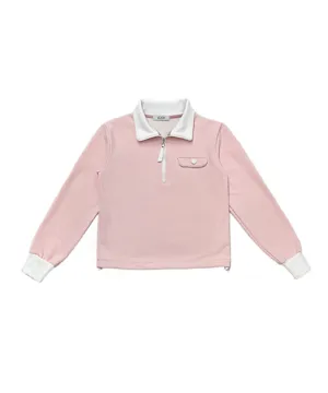 Q.C PLAY: Spandex Ribbed Pocket String Zip-Up Man-To-Man T-Shirt - Pink