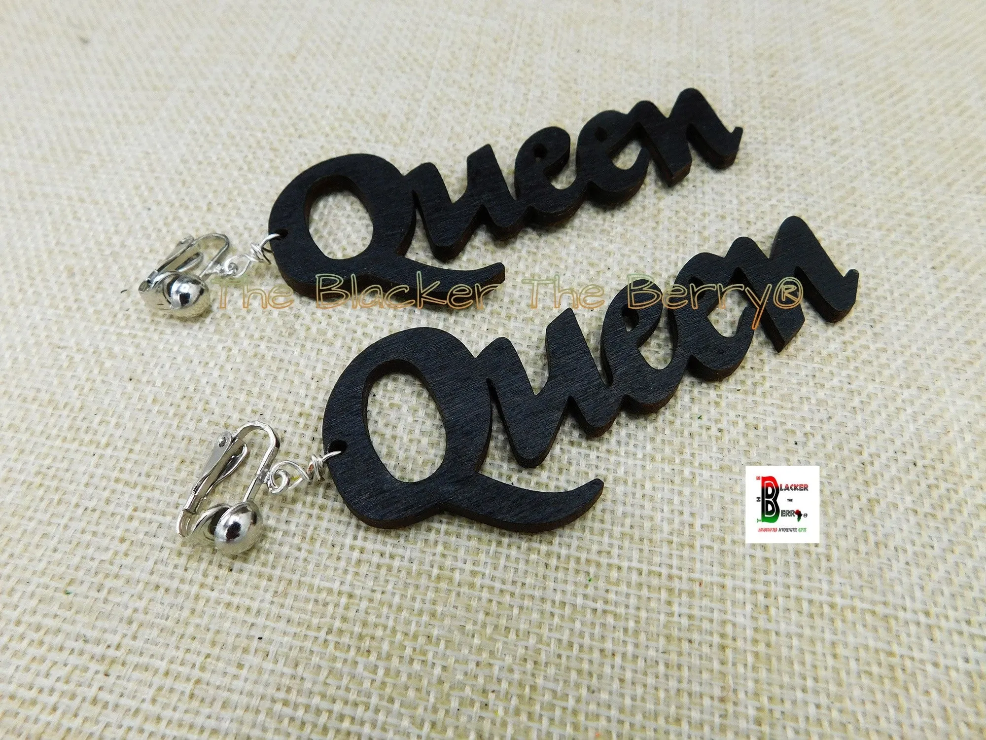 Queen Clip On Earrings Black Wooden Non Pierced Handmade Jewelry Women