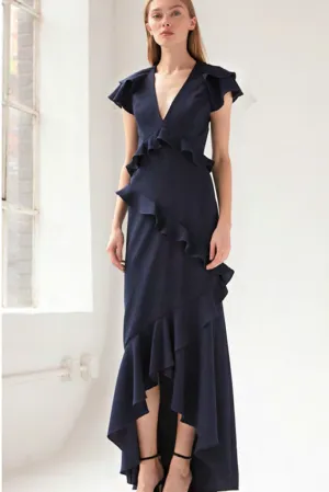 Rachel Ruffle Navy Gown by ML Monique Lhuillier - RENTAL