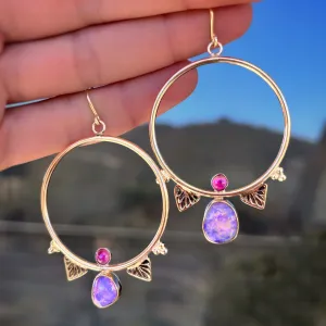 Rare crystal pipe opal & tourmaline hoop earrings in 14K gold and gold-fill