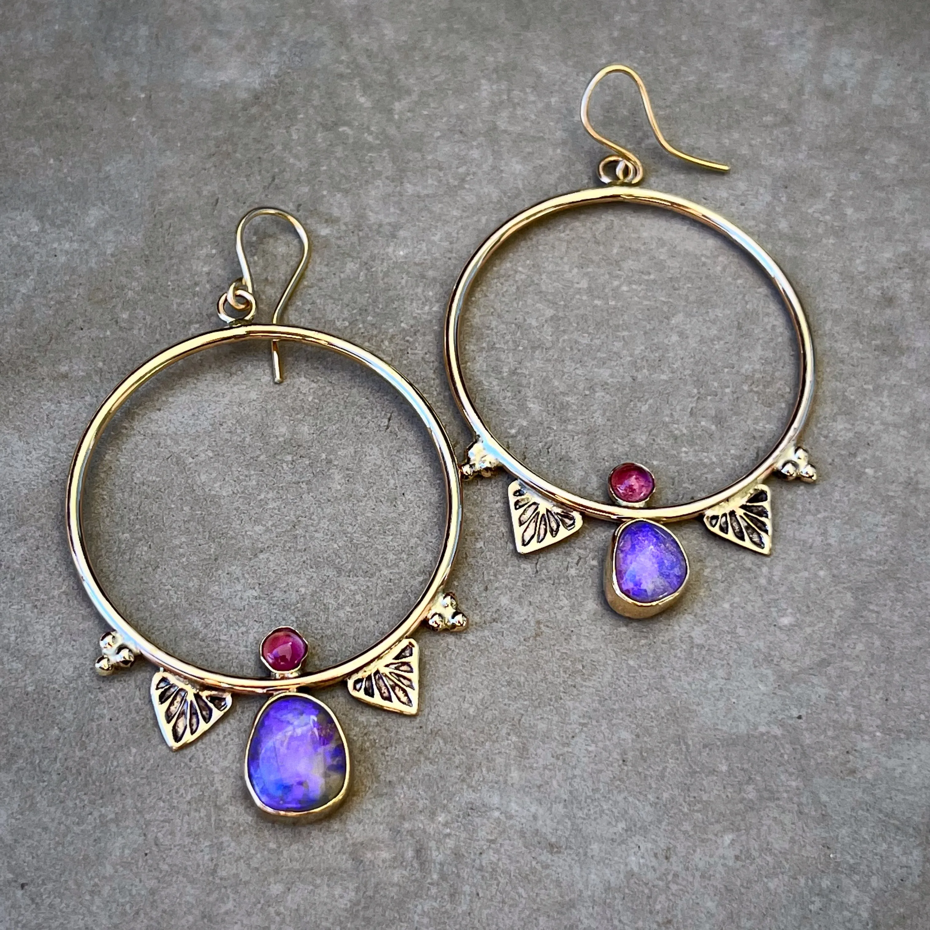 Rare crystal pipe opal & tourmaline hoop earrings in 14K gold and gold-fill