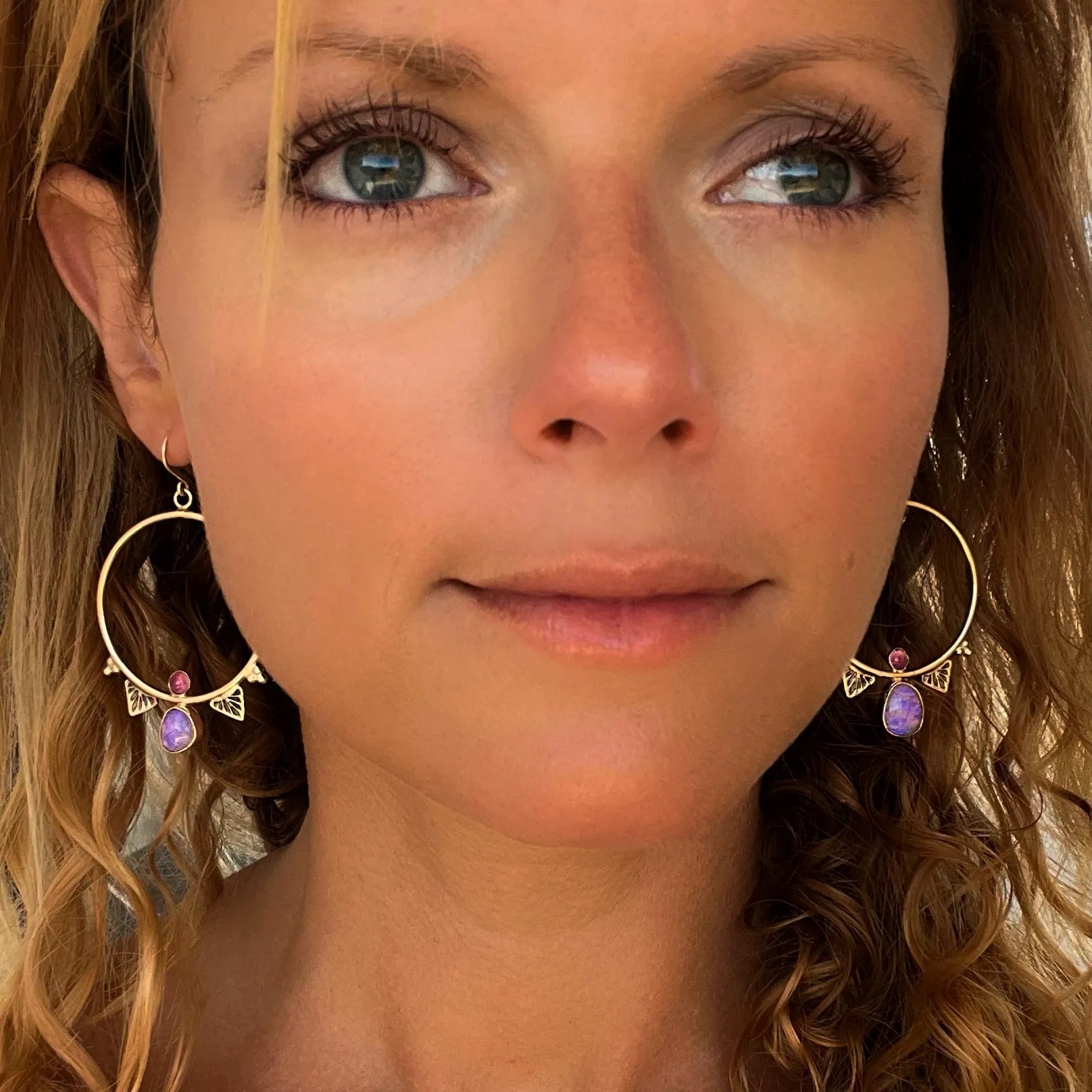 Rare crystal pipe opal & tourmaline hoop earrings in 14K gold and gold-fill