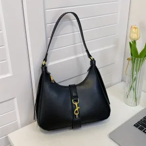 realaiot Solid Color Metal Decoration Shoulder Bag, Minimalist Faux Leather Underarm Bag, Zipper Trendy Shoulder Bag