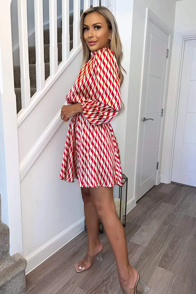 Red and Stone Printed Long Sleeve Skater Dress