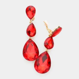 Red Crystal Triple Teardrop Clip-on Pageant Earrings on Gold | 439148