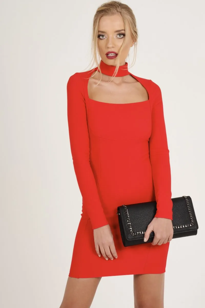 Red Cut Out Choker Bodycon Dress - Tink